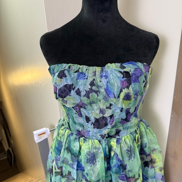Lulus Wonderful Waltz Green Floral Print Strapless Bustier Maxi Dress Lined Slit - Picture 3 of 9